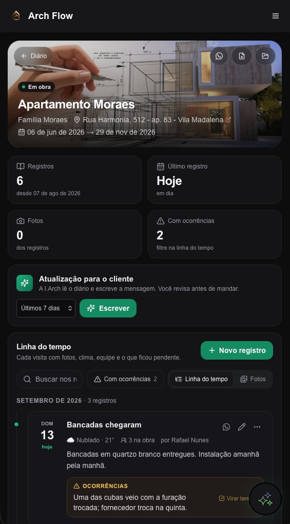 Diário de obra no celular com clima, equipe e ocorrências
